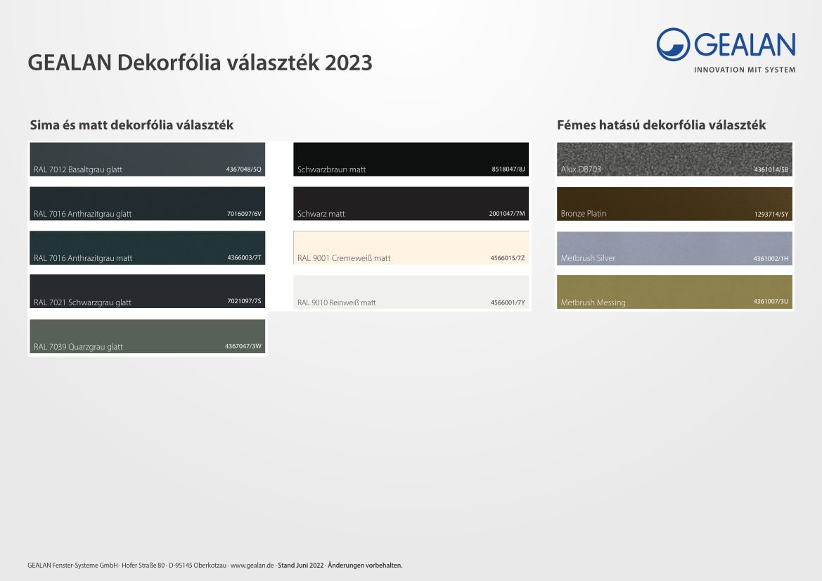 GEALAN sima és matt dekorfólia választék 2023.